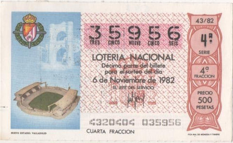 Loteria E00647: hoja nº 44. Loteria Nacional. Nº 35956, serie 4ª, fracción 4ª, precio 500 pesetas, sorteo 43/82 del 6 de Noviembre de 1982. Nuevo Estadio Valladolid