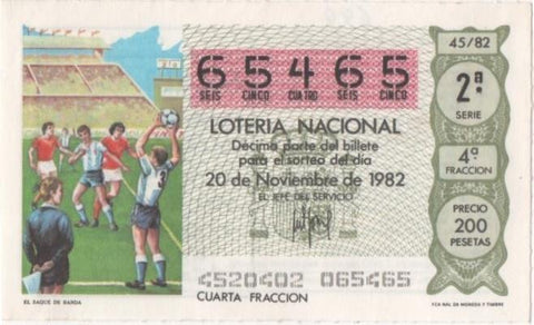 Loteria E00649: hoja nº 44. Loteria Nacional. Nº 65465, serie 2ª, fracción 4ª, precio 200 pesetas, sorteo 45/82. El Saque de Banda