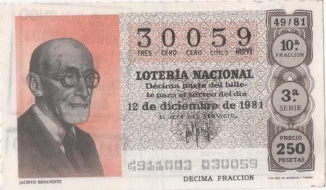 Loteria E00606. hoja nº 41. Loteria Nacional. Nº 30059, serie 3ª, fracción 10ª, precio 250 pesetas, sorteo 49/81 del 12 de Diciembre de 1981. Jacinto Benavente