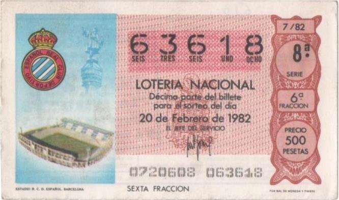 Loteria E00613: hoja nº 42. Loteria Nacional. Nº 63618, serie 8ª, fracción 6ª, precio 500 pesetas, sorteo 7/82 del 20 de Febrero de 1982. Estadio R.C.D. Español. Barcelona