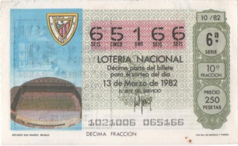 Loteria E00616: hoja nº 42. Loteria Nacional. Nº 65166, serie 6ª, fracción 10ª, precio 250 pesetas, sorteo 10/82 13 de Mrzo de 1982. Estadio San Mames. Bilbao