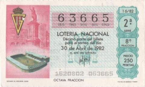 Loteria E00621: hoja nº 42. Loteria Nacional. Nº 63665, serie 2ª, fracción 8ª, precio 250 pesetas, sorteo 16/82 del 30 de Abril de 1982. Estadio El Molinón. Gijón