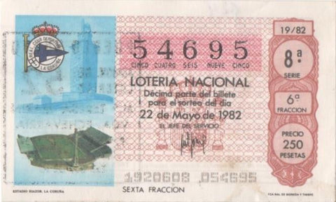 Loteria E00624: hoja nº 42. Loteria Nacional. Nº 54695, serie 8ª, fracción 6ª, precio 250 pesetas, sorteo 19/82 del 22 de Mayo de 1982. Estadio Riazor. La Coruña