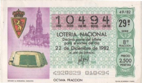 Loteria E00653: hoja nº 44. Loteria Nacional. Nº 10494, serie 29ª, fracción 8ª, precio 2500 pesetas, sorteo 49/82 del  22 de Diciembre de 1982. Estadio La Rosaleda. Zaragoza