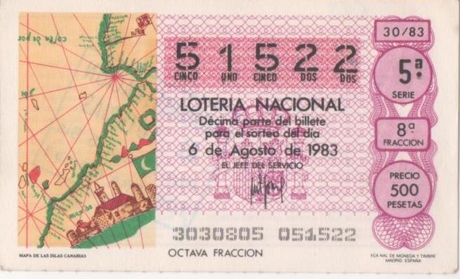 Loteria E00683: hoja nº 46. Loteria Nacional. Nº 51522, serie 5ª, fracción 8ª, precio 500 pesetas, sorteo 30/83 del 6 de Agosto de 1983.Mapa de las Islas Canarias