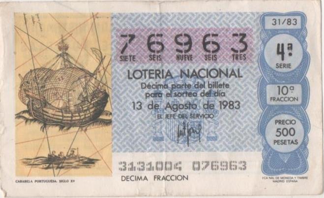 Loteria E00684: hoja nº 46. Loteria Nacional. Nº 76963, serie 4ª, fracción 10ª, precio 500 pesetas, sorteo 31/83 del 13 de Agosto de 1983. Carabela Portuguesa Siglo XV