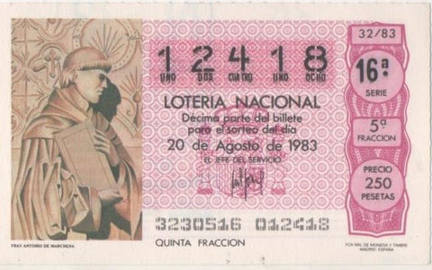 Loteria E00685: hoja nº 46. Loteria Nacional. Nº 12418, serie 16ª, fracción 5ª, precio 250 pesetas, sorteo 32/83 del 20 de Agosto de 1983. Frahy Antonio de Marchena