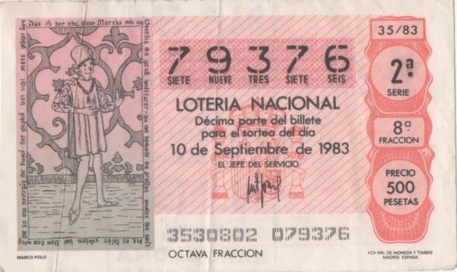 Loteria E00688: hoja nº 46. Loteria Nacional. Nº 79376, serie 2ª, fracción 8ª, precio 500 pesetas, sorteo 35/83 del 10 de Septiembre de 1983. Marco Polo