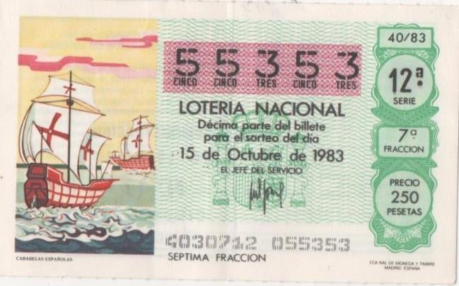 Loteria E00693: hoja nº 47. Loteria Nacional. Nº 55353, serie 12ª, fracción 7ª, precio 250 pesetas, sorteo 40/83 del 15 de Octubre de 1983. Carabelas Españolas