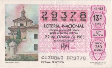 Loteria E00694: hoja nº 47. Loteria Nacional. Nº 29378, serie 13ª, fracción 8ª, precio 250 pesetas, sorteo 41/83 del 22 de Octubre de 1983. Convento de la Ravida