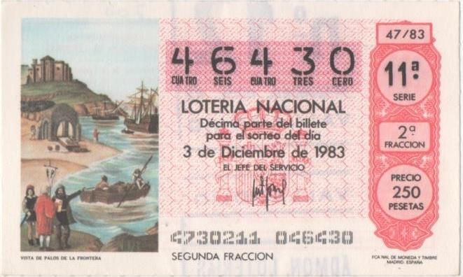 Loteria E00700: hoja nº 47. Loteria Nacional. Nº 46430, serie 11º, fracción 2ª, precio 250 pesetas, sorteo 47/83 del 3 de Diciembre de 1983. Vista de Palos de la Frontera