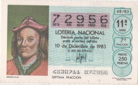 Loteria E00701: hoja nº 47. Loteria Nacional. Nº 72956,serie 11ª, fracción 7ª, precio 250 pesetas, sorteo 48/83 del 10 de Diciembre de 1983. hernando Colón