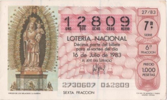 Loteria E00680: hoja nº 46. Loteria Nacional. Nº 12809, serie 7ª, fracción 6ª, precio 1000 pesetas, sorteo 27/83 del 16 de Julio de 1983. Virgen de los Milagros. La Rabida