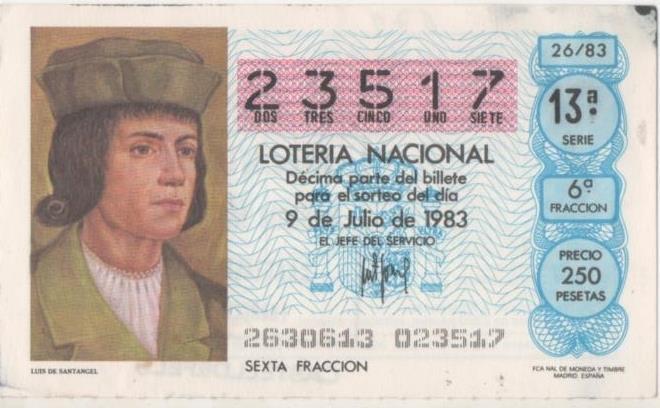 Loteria E00679: hoja nº 46. Loteria Nacional. Nº 23517, serie 13ª, fracción 6ª, precio 250 pesetas, sorteo 26/83 del 9 de Julio de 1983. Luis de Santangel