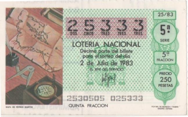 Loteria E00678: hoja nº 46. Loteria Nacional. Nº 25333, serie 5ª, fracción 5ª, precio 250 pesetas, sorteo 25/83 del 2 de Julio de 1983. Mapa de Petrus Martyr