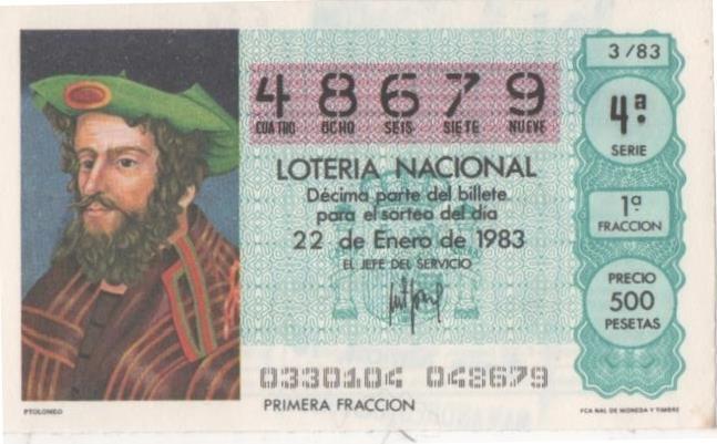 Loteria E00656: hoja nº 44. Loteria Nacional. Nº 48679, serie 4ª, fracción 1ª, precio 500 pesetas, sorteo 3/83 del 22 de Enero de 1983. Ptolomeo