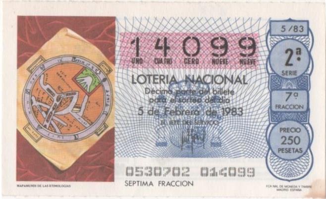 Loteria E00658: hoja nº 45. Loteria Nacional. Nº 14099, serie 2ª, fracción 7ª, precio 250 pesetas, sorteo 5/83 del 5 de Febrero de 1983. Mapamundi de las Estimologias