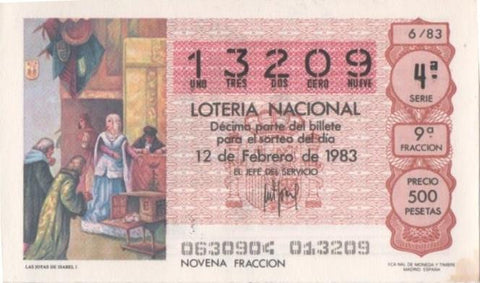 Loteria E00659: hoja nº 45. Loteria Nacional. Nº 13209, serie 4ª, fracción 9ª, precio 500 pesetas, sorteo 6/83del 12de Febrero de 1983. Las Joyas de Isabel I