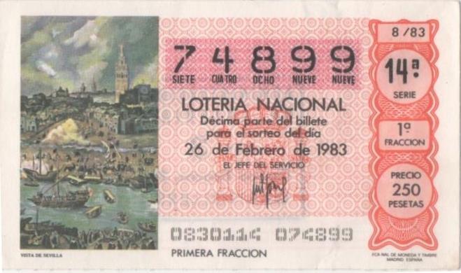 Loteria E00661: hoja nº 45. Loteria Nacional. Nº 74899, serie 14ª, fracción 1ª, precio 250 pesetas, sorteo 8/83 del 26 de Febrero de 1983. Vista de Sevilla