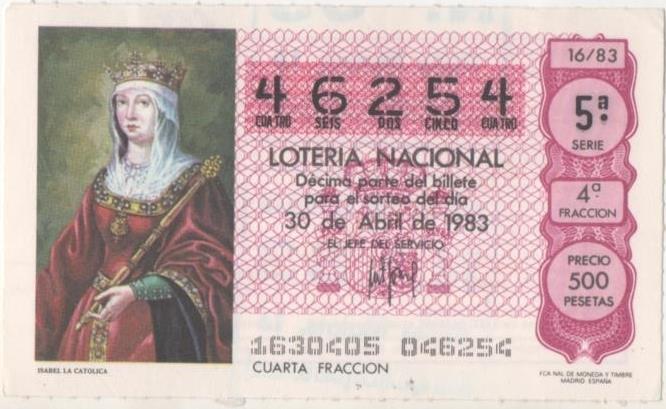 Loteria E00669: hoja nº 45. Loteria Nacional. Nº 46254, serie 5ª, fracción 4ª, precio 500 pesetas, sorteo 16/83 del 30 de Abril de 1983. Isabel la Catolica