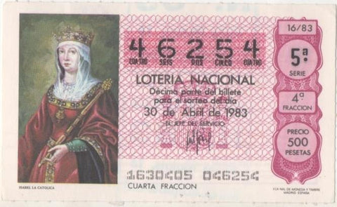 Loteria E00669: hoja nº 45. Loteria Nacional. Nº 46254, serie 5ª, fracción 4ª, precio 500 pesetas, sorteo 16/83 del 30 de Abril de 1983. Isabel la Catolica