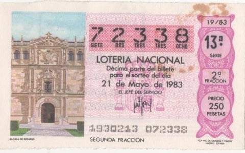 Loteria E00672: hoja nº 45. Loteria Nacional. Nº 72338, serie 13ª, fracción 2ª, precio 250 pesetas, sorteo 19/83 del 21 de Mayo de 1983. Alcala de Henares