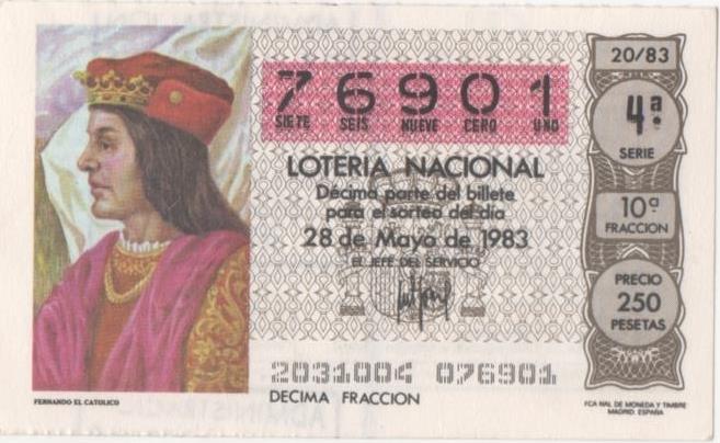 Loteria E00673: hoja nº 45. Loteria Nacional. Nº 76901, serie 4ª, fracción 10ª, precio250 pesetas, sorteo 20/83 del 28 de Mayo de 1983. Fernando el Catolico