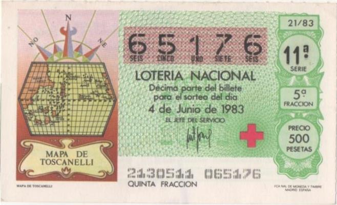 Loteria E00674: hoja nº 46. Loteria Nacional. Nº 65176, serie 11ª, fracción 5ª, precio 500 pesetas, sorteo 21/83 del 4 de Junio de 1983. Mapa de Toscanelli