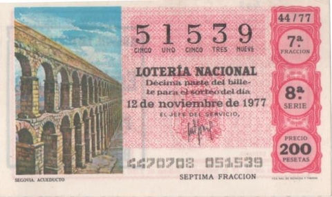 Loteria E00402: hoja nº 28. Loteria Nacional. Nº 51539, serie 8ª, fracción 7ª, precio 200 pesetas, sorteo 44/77 del 12 de Noviembre de 1977. Segovia. Acueducto