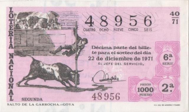 Loteria E00134: hoja nº 11. Loteria Nacional. Nº 48956, serie 6ª, fracción 2ª, precio 1000 pesetas , sorteo 22 de Diciembre de 1971. salto de la Garrocha-Goya