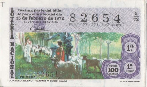 Loteria E00139: hoja nº 12. Loteria Nacional. Nº 82654, serie 1ª, fracción 1ª, precio 100 pesetas, sorteo 5/72 del 15 de Febrero de 1972. Gonzalo Bilbao-Danis y Cloe (copia)