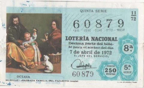 Loteria E00145: hoja nº 12. Loteria Nacional. Nº 60879, serie 5ª, fracción 8ª, precio 250 pesetas, sorteo 11/72 del 7 de Abril de 1972. Murillo- Sagrada Familia del Pajarito (copia)