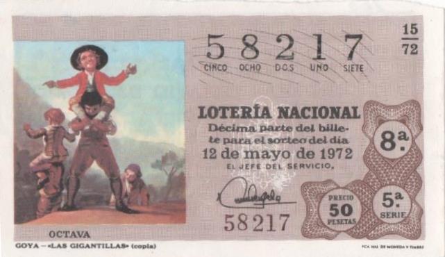 Loteria E00149: hoja nº 12. Loteria Nacional. Nº 58217, serie 5ª, fracción 8ª, precio 50 pesetas, sorteo 15/72 del 12 de Mayo de 1972. Goya- Las Gitanillas (copia)