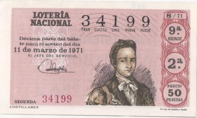 Loteria E00102: hoja nº 9. Loteria Nacional. Nº 34199, serie 9ª, fracción 2ª, precio 50 pesetas, sorteo 8/71 del 11 de Marzo de 1971. Costillres