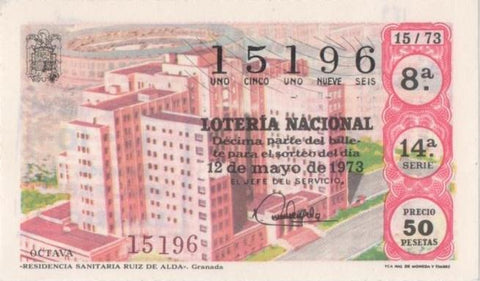 Loteria E00189: hoja nº 15. Loteria Nacional. Nº 15196, serie 14ª, fracción 8ª, precio 50 pesetas, sorteo 15/73 del 12 de Myo de 1973. Residenci Sanitaria Ruiz de Alda-Granada