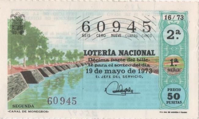 Loteria E00190: hoja nº 15. Loteria Nacional. Nº 60945, serie 1ª, fracción 2ª, precio 50 pesetas, sorteo 16/73 del 19 de Mayo de 1973. Canal de Monegros