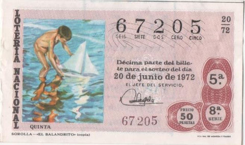 Loteria E00154: hoja nº 13. Loteria Nacional. Nº 67205, serie 8ª, fracción 5ª, precio 50 pesetas, sorteo 20/72 del 20 de Junio de 1972. Sorolla- El Balandrito (copia)