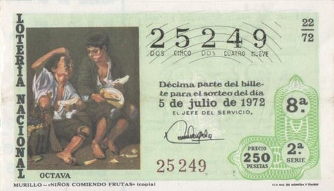 Loteria E00156: hoja nº 13. Loteria Nacional. Nº 25249, serie 2ª, fracción 8ª, precio 250 pesetas, sorteo 22/72 del 5 de Julio de 1972. Murillo-Niños comiendo fruta (copia)