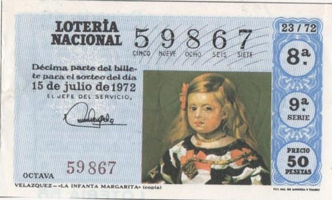 Loteria E00157: hoja nº 13. Loteria Nacional. Nº 59867, serie 9ª, fracción 8ª, precio 50 pesetas, sorteo 23/72 del 15 de Julio de 1972. Velazquez-La Infanta Margarita (copia)