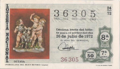 Loteria E00158: hoja nº 13. Loteria Nacional. Nº 36305, serie 7ª, fracción 8ª, precio 50 pesetas, sorteo 24/72 del 26 de Julio de 1972. Porcelana del buen retiro (copia)