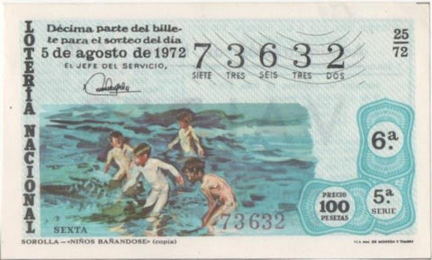 Loteria E00159: hoja nº 13. Loteria Nacional  Nº 73632, serie 5ª, fracción 6ª, precio 100 pesetas, sorteo 25/72 del 5 de Agosto de 1972. Sorolla- Niños Bañandose (copia)