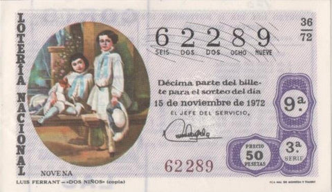 Loteria E00170: hoja nº 14. Loteria Nacional. Nº 62289, serie 3ª, fracción 9ª, precio 50 pesetas, sorteo 36/72 del 15 de Noviembre de 1972. Luis Ferrant- Dos Niños (copia)