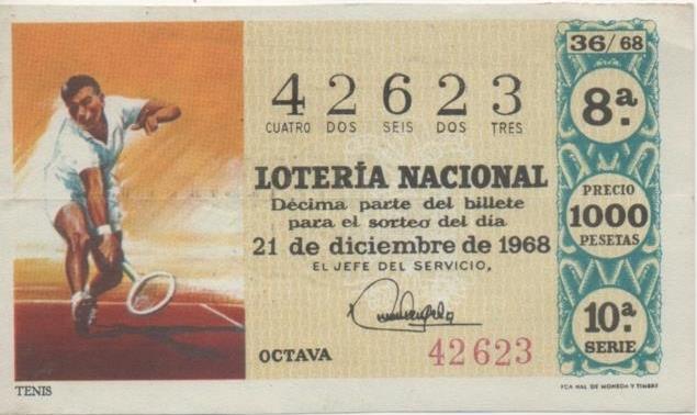 Loteria E00027: Hoja nº 4. Loteria Nacional. Nº 42623, serie 10ª, fracción 8ª, precio 1000 pesetas, sorteo 36/68 de 21 de Diciembre de 1968. Tenis