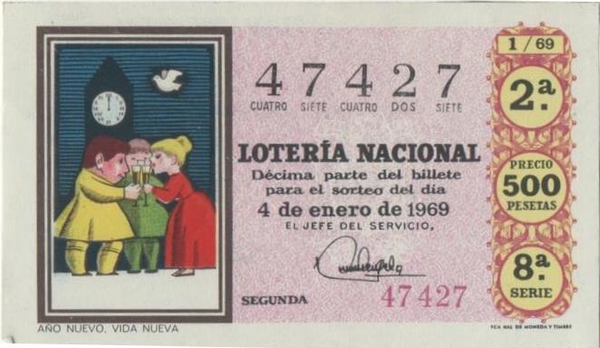 Loteria E00028: Hoja nº 5. Loteria Nacional. Nº 47427, serie 8ª, fracción 2ª, precio 500 pesetas, sorteo 1/69. Año Nuevo. Vida Nueva