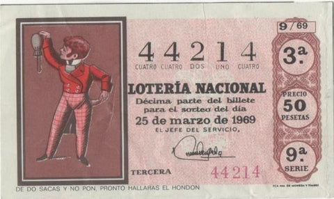 Loteria E00036: Hoja nº 5. Loteria Nacional. Nº 44214, serie 9ª, fracción 3ª, precio 50 pesetas, sorteo 9/69. De do sacas y no pon prono hallaras el hondon