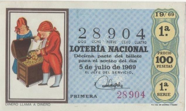 Loteria E00045: hoja nº 6. Loteria Nacional. Nº 28904, serie 1ª, facción 1ª precio 100 pesetas, sorteo 19/69 del 5 de Julio de 1969. Dinero llama a dinero