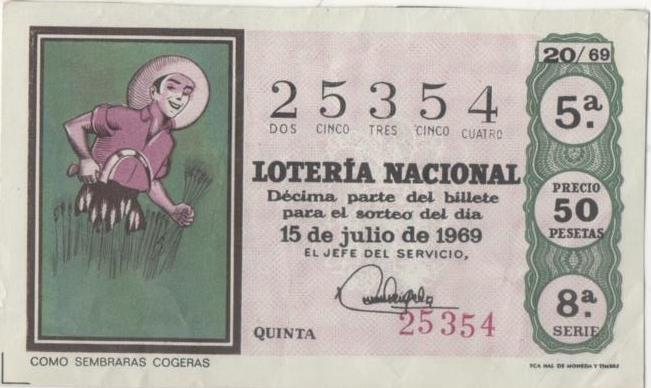 Loteria E00046: hoja nº 6. Loteria Nacional. Nº 25354, serie 8ª, fracción 5ª, precio 50 pesetas, sorteo 20/69 del 15 de Julio de 1969. Comosembraras cogeras