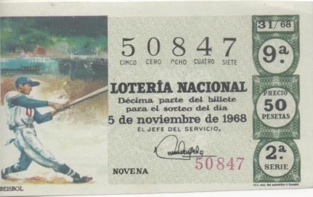 Loteria E00023: Hoja nº 4. Loteria Nacional. Nº 50847, serie 2ª, fracción 9ª, precio 50 pesetas, sorteo 31/68 del 5 de Noviembre de 1968. Beisbol