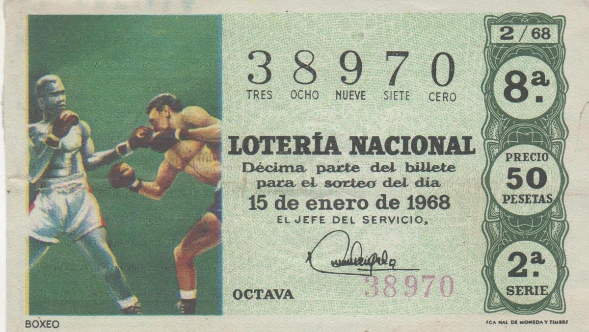 Loteria E00004: hoja nº 2. Loteria Nacional. Nº 38970, serie 2ª, fracción 8ª, precio 50 pesetas, sorteo 2/68 de 15 de Enero  de 1968. Boxeo