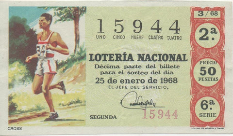 Loteria E00005: hoja nº 2. Loteria Nacional. Nº 15944, serie 6ª, fracción 2ª precio 50 pesetas, sorteo 3/68 del 25 de Enero de 1968. Cross